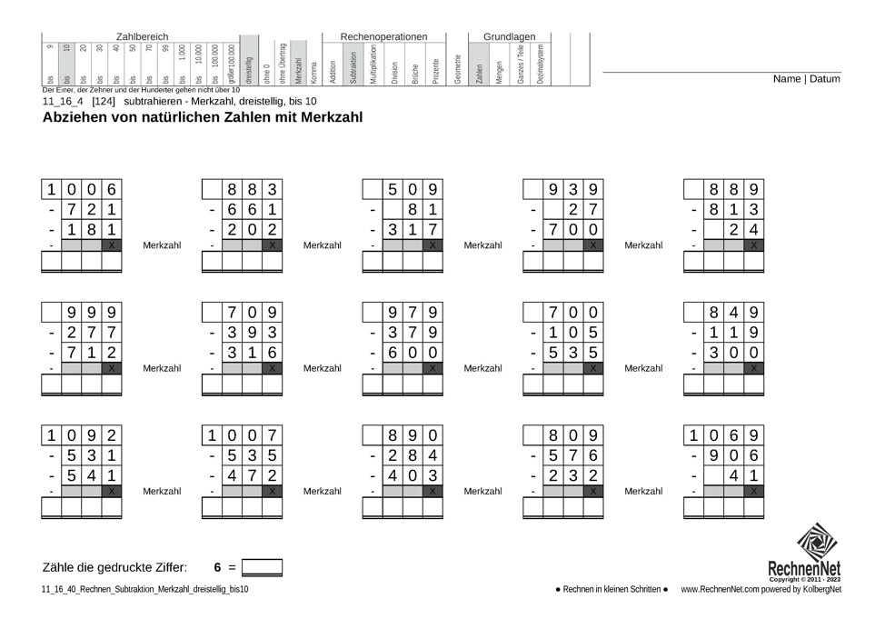 11_16_4 Rechnen Subtraktion Merkzahl dreistellig bis10