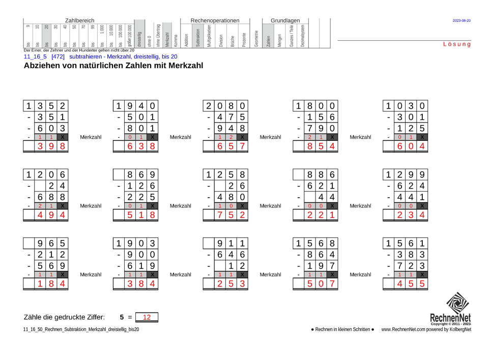 Lösung: 11_16_5 Rechnen Subtraktion Merkzahl dreistellig bis20