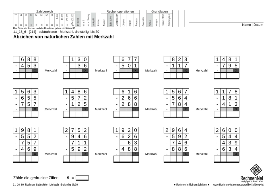 11_16_6 Rechnen Subtraktion Merkzahl dreistellig bis30