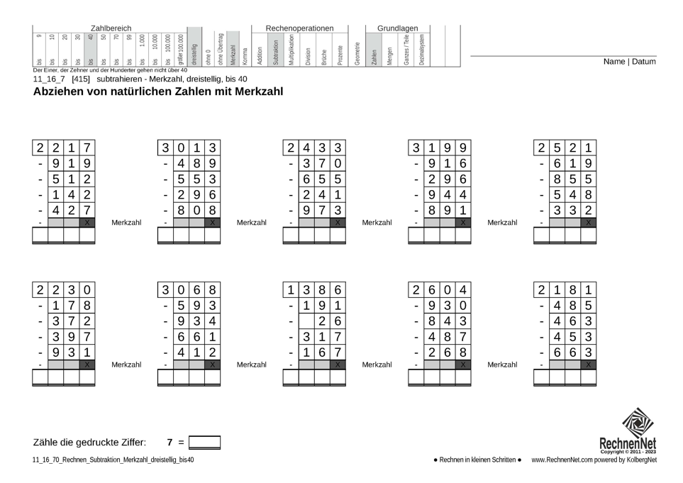 11_16_7 Rechnen Subtraktion Merkzahl dreistellig bis40