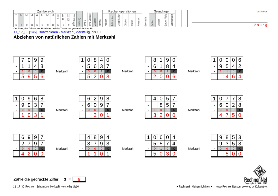 Lösung: 11_17_3 Rechnen Subtraktion Merkzahl vierstellig bis10