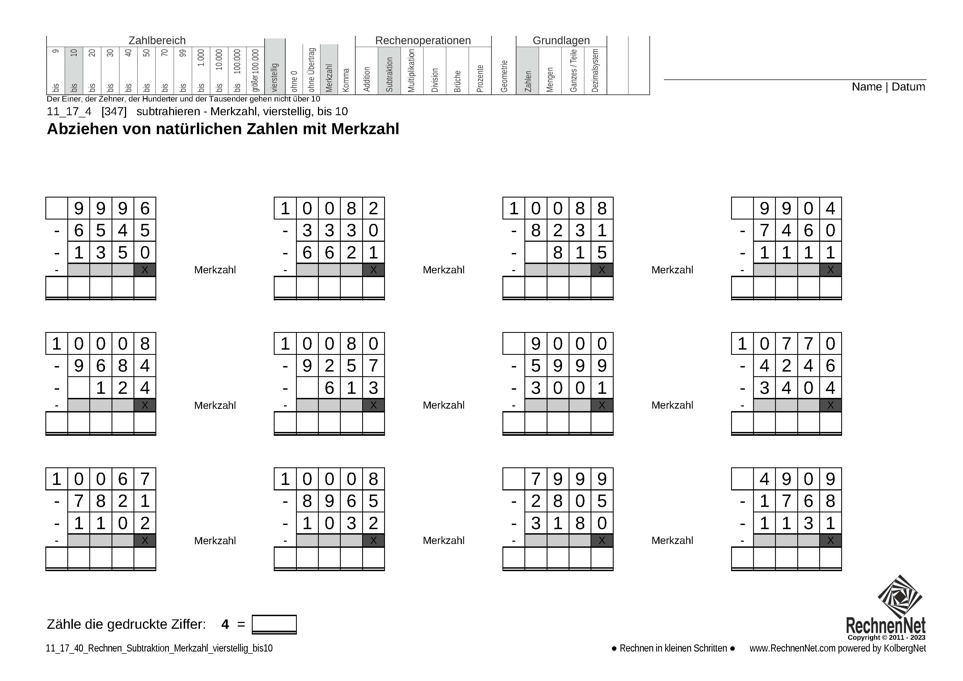 11_17_4 Rechnen Subtraktion Merkzahl vierstellig bis10