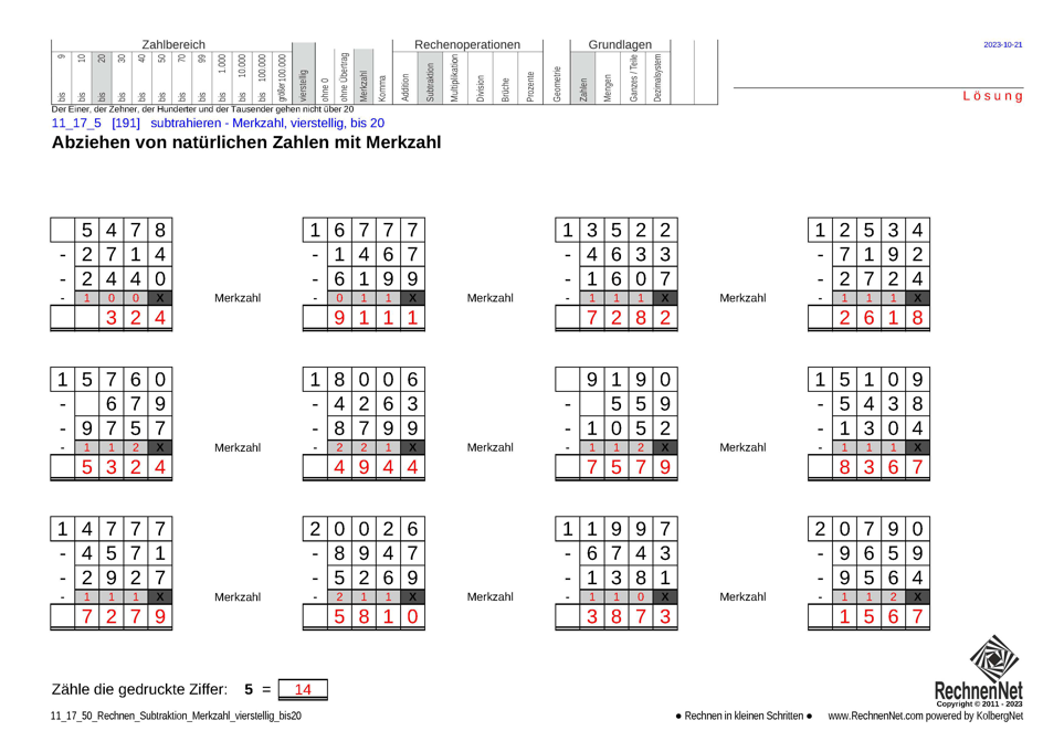 Lösung: 11_17_5 Rechnen Subtraktion Merkzahl vierstellig bis20