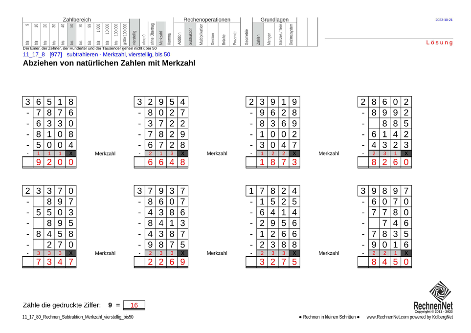 Lösung: 11_17_8 Rechnen Subtraktion Merkzahl vierstellig bis50