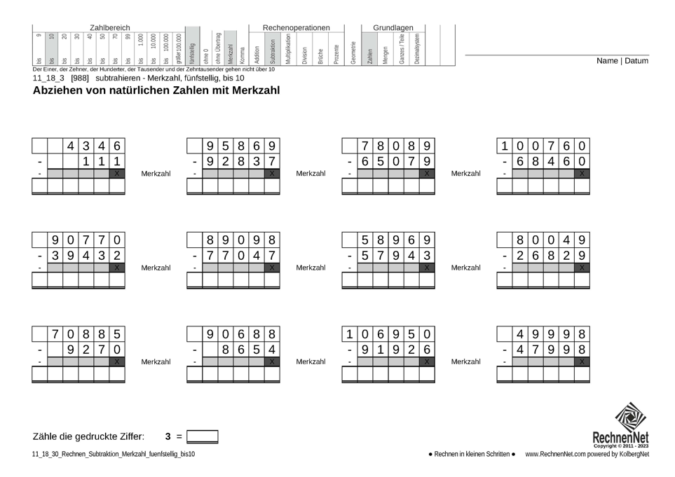 11_18_3 Rechnen Subtraktion Merkzahl fünfstellig bis10