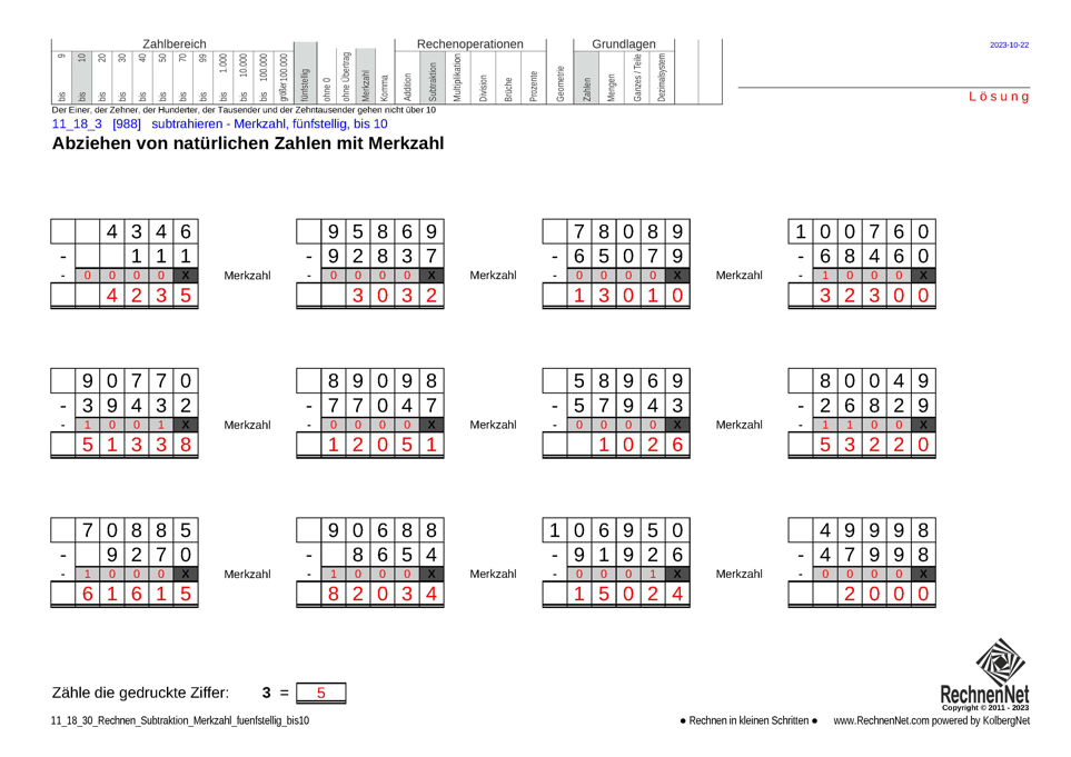 Lösung: 11_18_3 Rechnen Subtraktion Merkzahl fünfstellig bis10