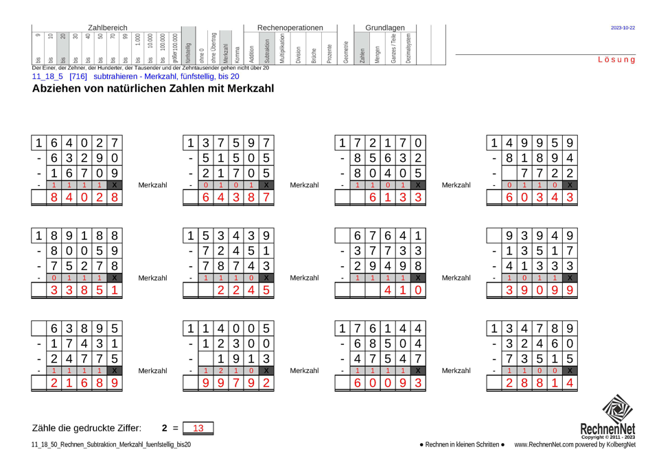 Lösung: 11_18_5 Rechnen Subtraktion Merkzahl fünfstellig bis20 Lösung: 11_18_5 Rechnen Subtraktion Merkzahl fünfstellig bis20