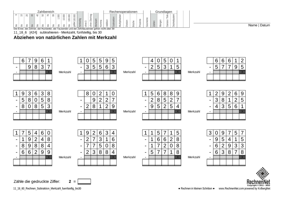 11_18_6 Rechnen Subtraktion Merkzahl fünfstellig bis30 11_18_6 Rechnen Subtraktion Merkzahl fünfstellig bis30