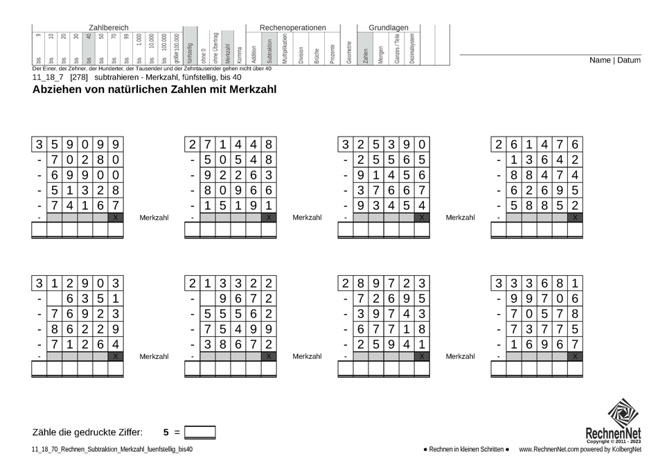 11_18_7 Rechnen Subtraktion Merkzahl fünfstellig bis40 11_18_7 Rechnen Subtraktion Merkzahl fünfstellig bis40