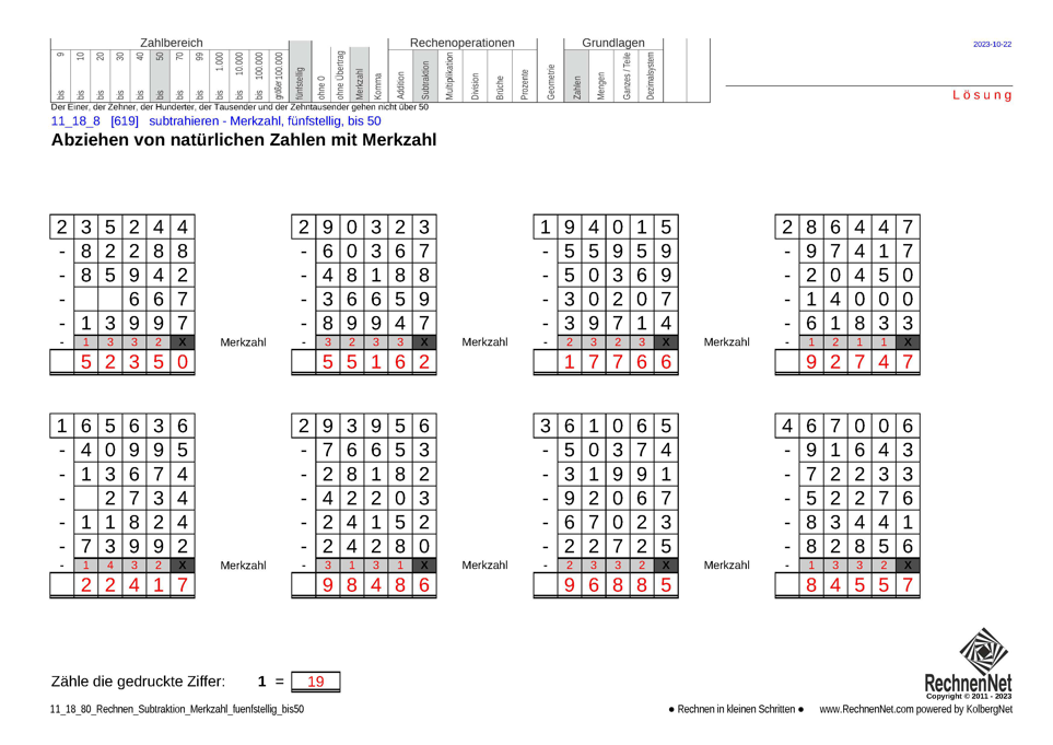 Lösung: 11_18_8 Rechnen Subtraktion Merkzahl fünfstellig bis50 Lösung: 11_18_8 Rechnen Subtraktion Merkzahl fünfstellig bis50