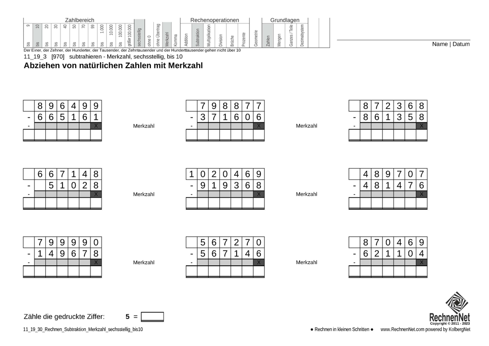 11_19_3 Rechnen Subtraktion Merkzahl sechsstellig bis10