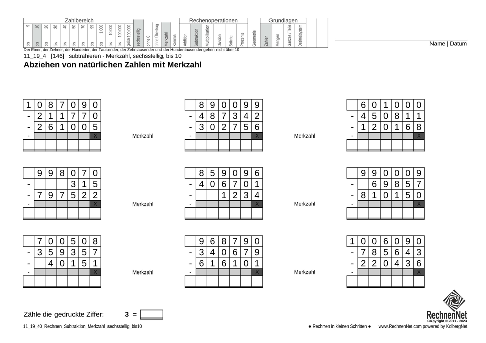 11_19_4 Rechnen Subtraktion Merkzahl sechsstellig bis10