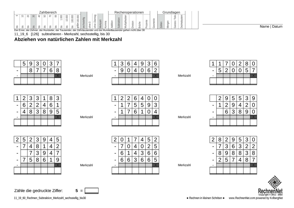 11_19_6 Rechnen Subtraktion Merkzahl sechsstellig bis30