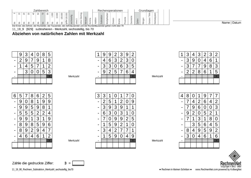 11_19_9 Rechnen Subtraktion Merkzahl sechsstellig bis70