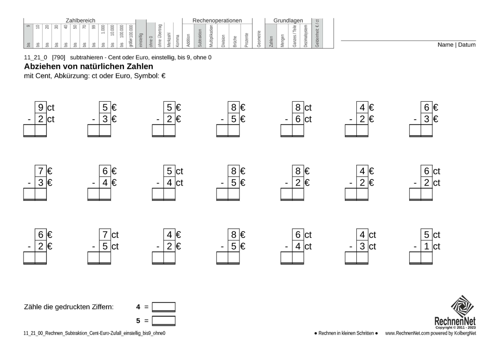 11_21_0 Rechnen Subtraktion Cent-Euro einstellig bis9 ohne0