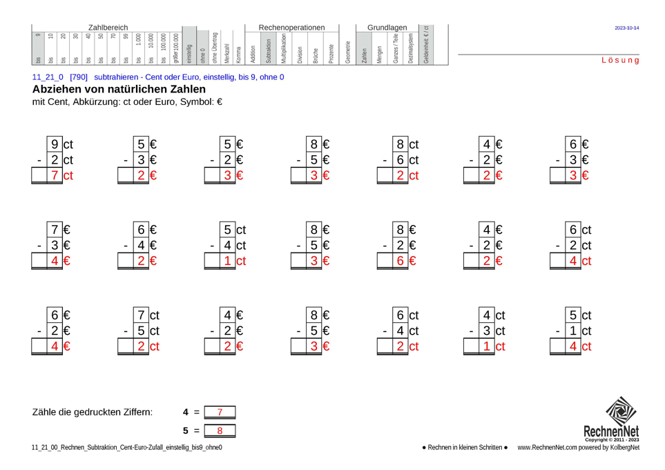 Lösung: 11_21_0 Rechnen Subtraktion Cent-Euro einstellig bis9 ohne0