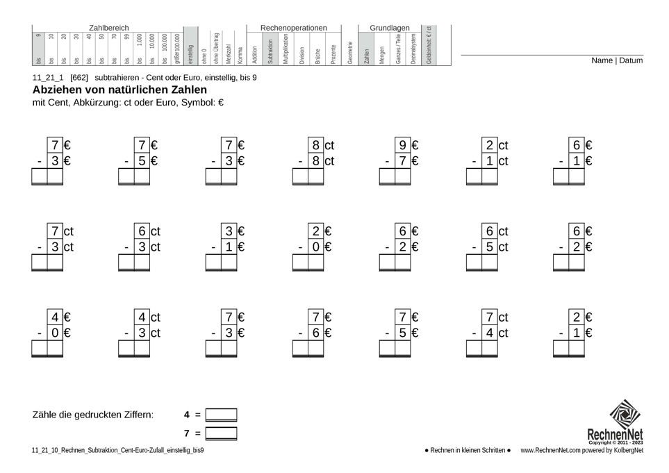11_21_1 Rechnen Subtraktion Cent-Euro einstellig bis9