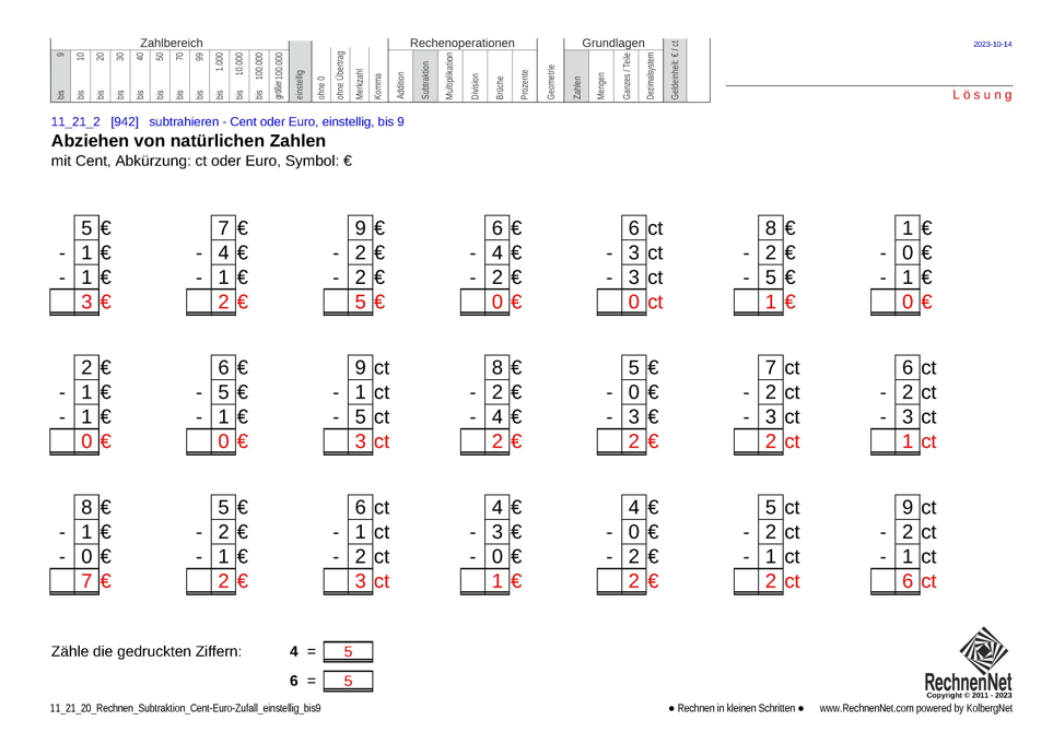 Lösung: 11_21_2 Rechnen Subtraktion Cent-Euro einstellig bis9