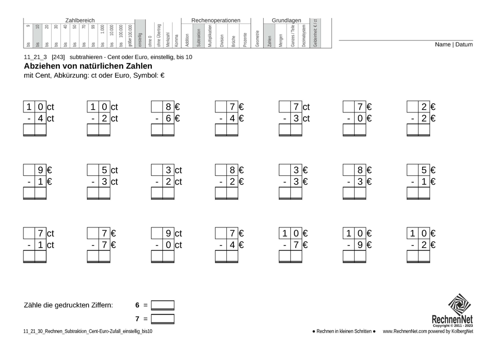 11_21_3 Rechnen Subtraktion Cent-Euro einstellig bis10