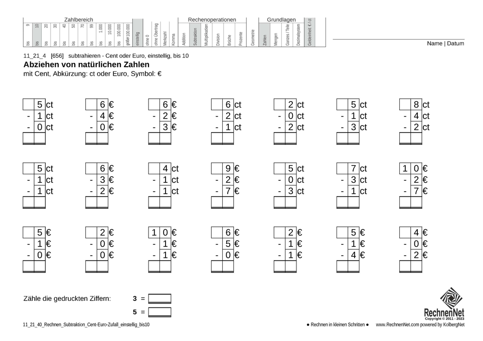 11_21_4 Rechnen Subtraktion Cent-Euro einstellig bis10