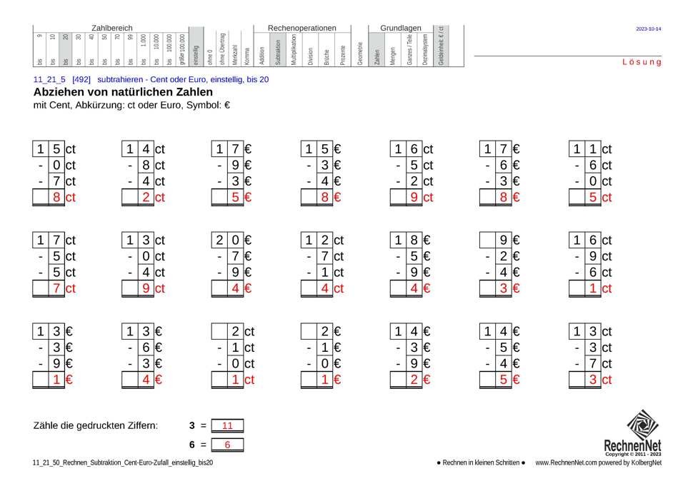 Lösung: 11_21_5 Rechnen Subtraktion Cent-Euro einstellig bis20