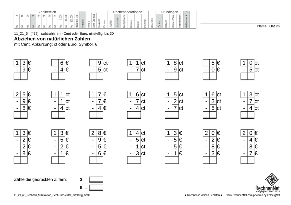 11_21_6 Rechnen Subtraktion Cent-Euro einstellig bis30