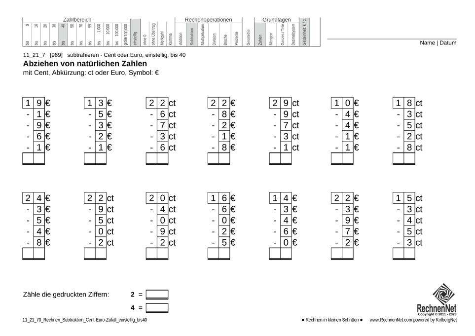 11_21_7 Rechnen Subtraktion Cent-Euro einstellig bis40
