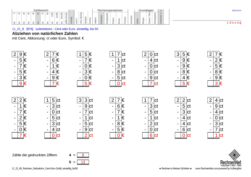 Lösung: 11_21_8 Rechnen Subtraktion Cent-Euro einstellig bis50