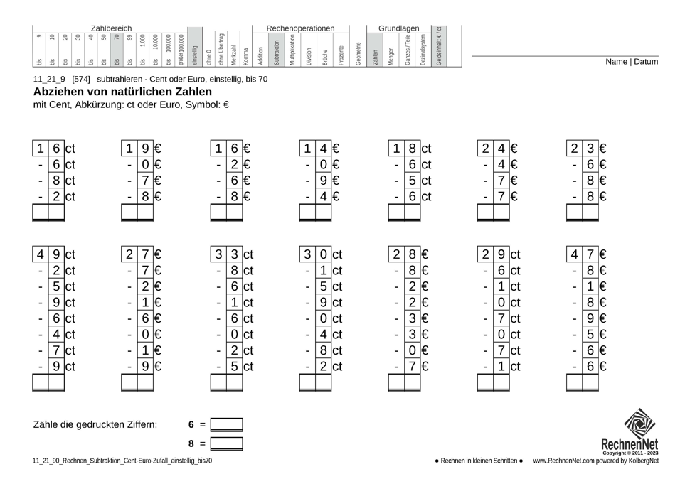 11_21_9 Rechnen Subtraktion Cent-Euro einstellig bis70