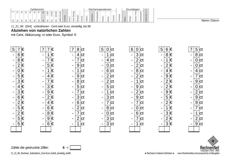 11_21_9 Rechnen Subtraktion Cent-Euro einstellig bis99