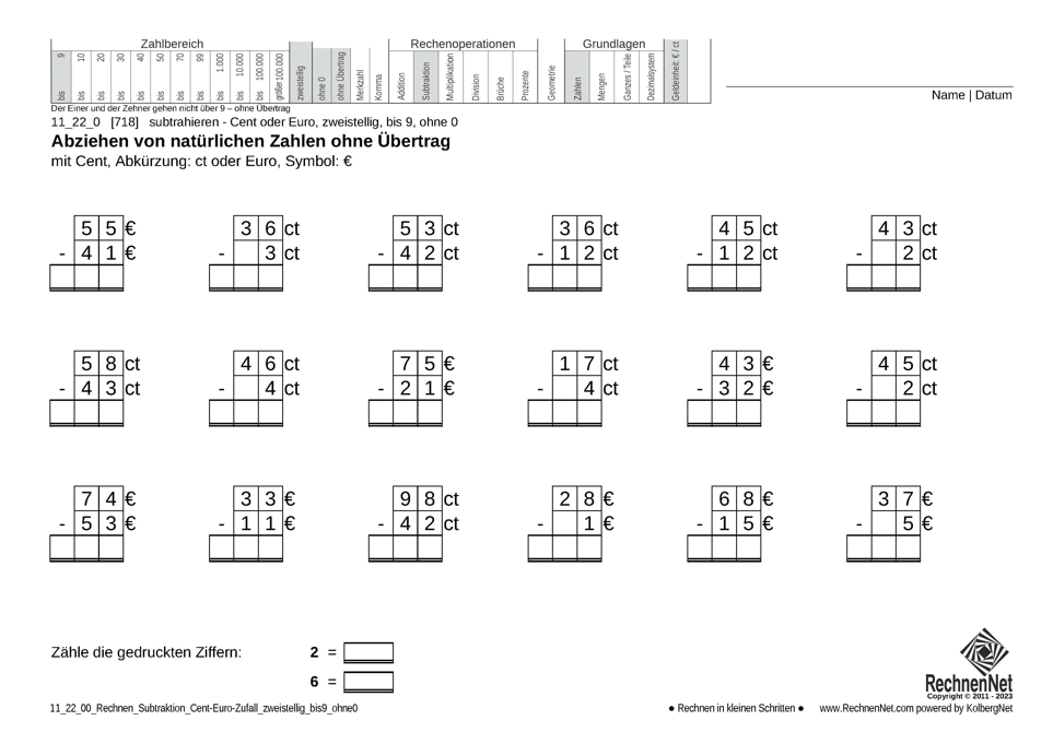 11_22_0 Rechnen Subtraktion Cent-Euro zweistellig bis9 ohne0