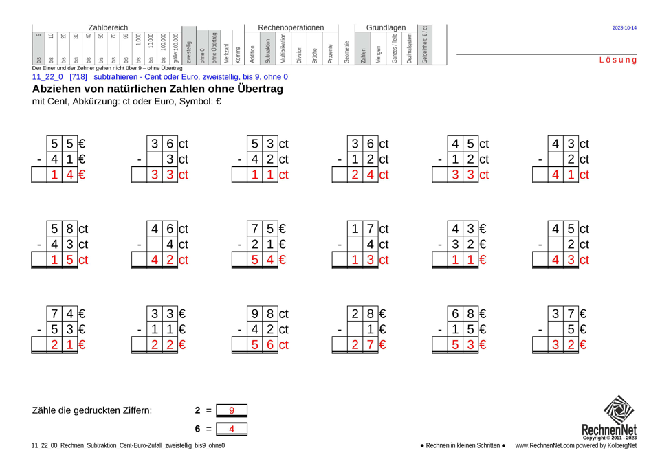 Lösung: 11_22_0 Rechnen Subtraktion Cent-Euro zweistellig bis9 ohne0