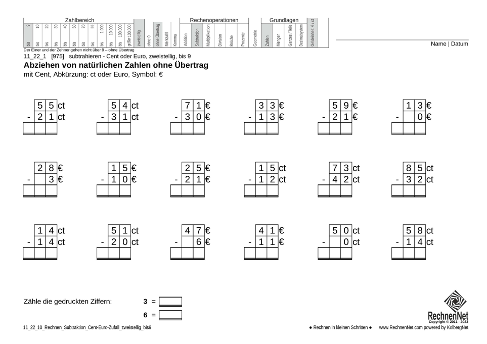 11_22_1 Rechnen Subtraktion Cent-Euro zweistellig bis9 11_22_1 Rechnen Subtraktion Cent-Euro zweistellig bis9