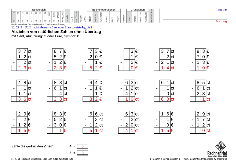 Lösung: 11_22_2 Rechnen Subtraktion Cent-Euro zweistellig bis9 Lösung: 11_22_2 Rechnen Subtraktion Cent-Euro zweistellig bis9