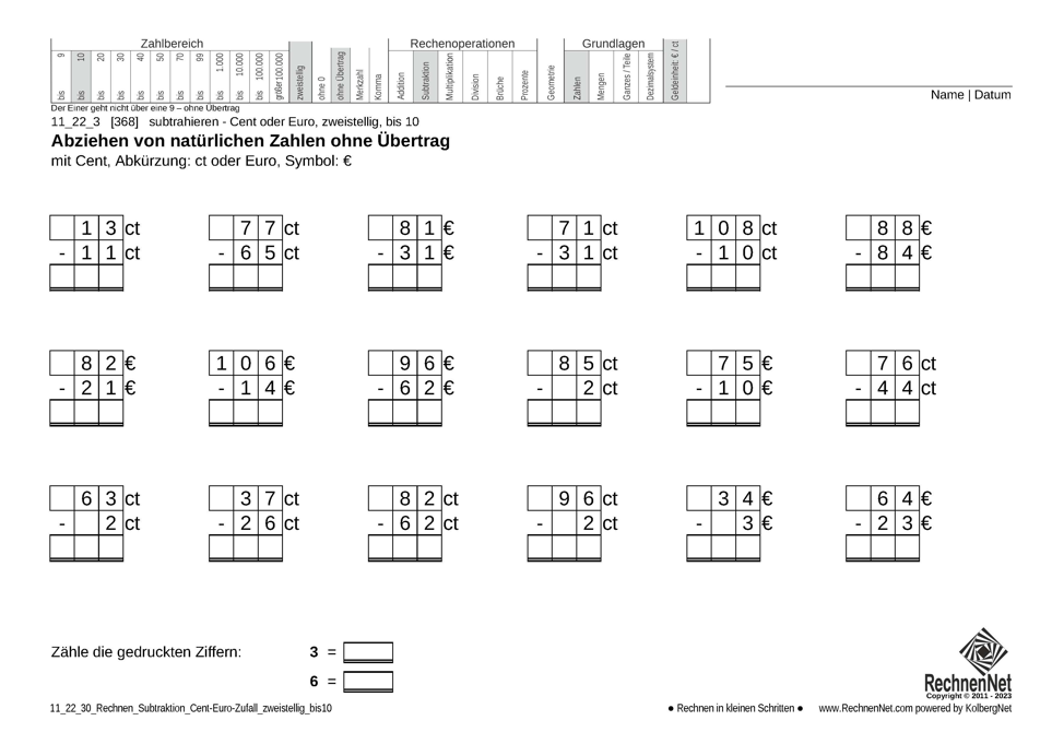 11_22_3 Rechnen Subtraktion Cent-Euro zweistellig bis10 11_22_3 Rechnen Subtraktion Cent-Euro zweistellig bis10