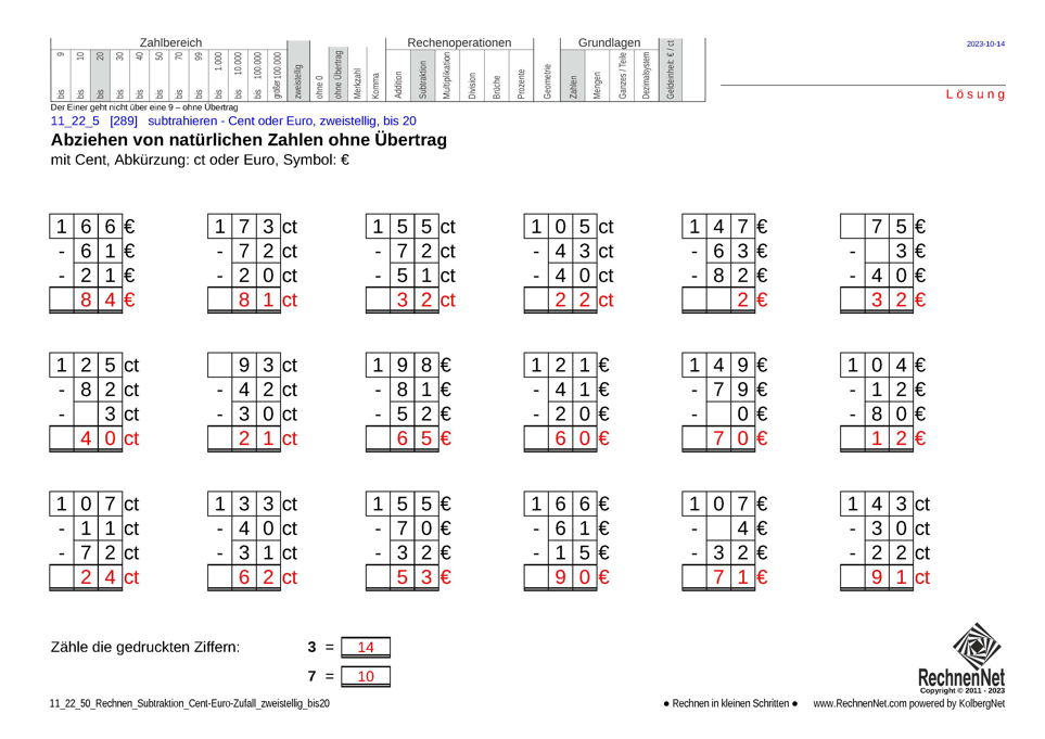 Lösung: 11_22_5 Rechnen Subtraktion Cent-Euro zweistellig bis20 Lösung: 11_22_5 Rechnen Subtraktion Cent-Euro zweistellig bis20