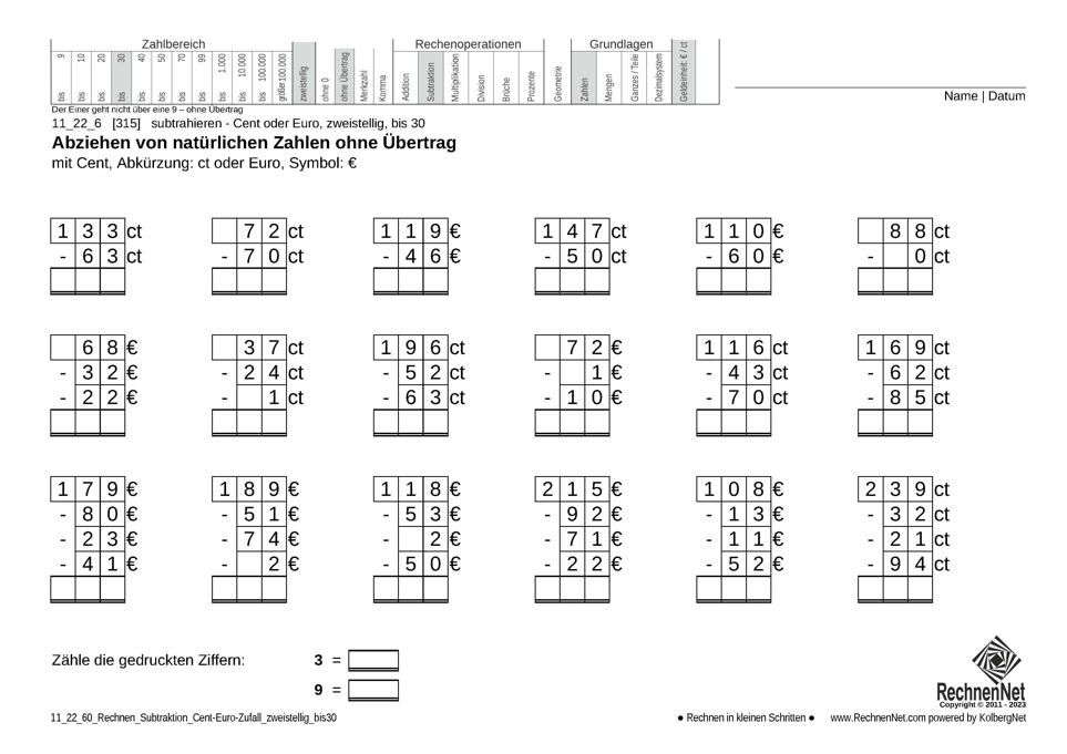 11_22_6 Rechnen Subtraktion Cent-Euro zweistellig bis30 11_22_6 Rechnen Subtraktion Cent-Euro zweistellig bis30
