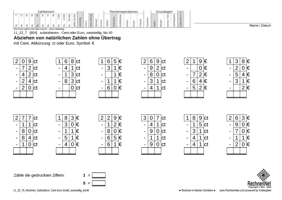 11_22_7 Rechnen Subtraktion Cent-Euro zweistellig bis40 11_22_7 Rechnen Subtraktion Cent-Euro zweistellig bis40