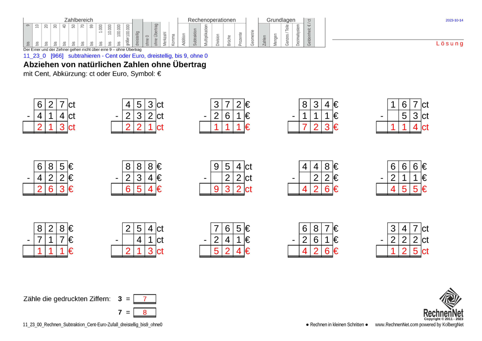 Lösung: 11_23_0 Rechnen Subtraktion Cent-Euro dreistellig bis9 ohne0
