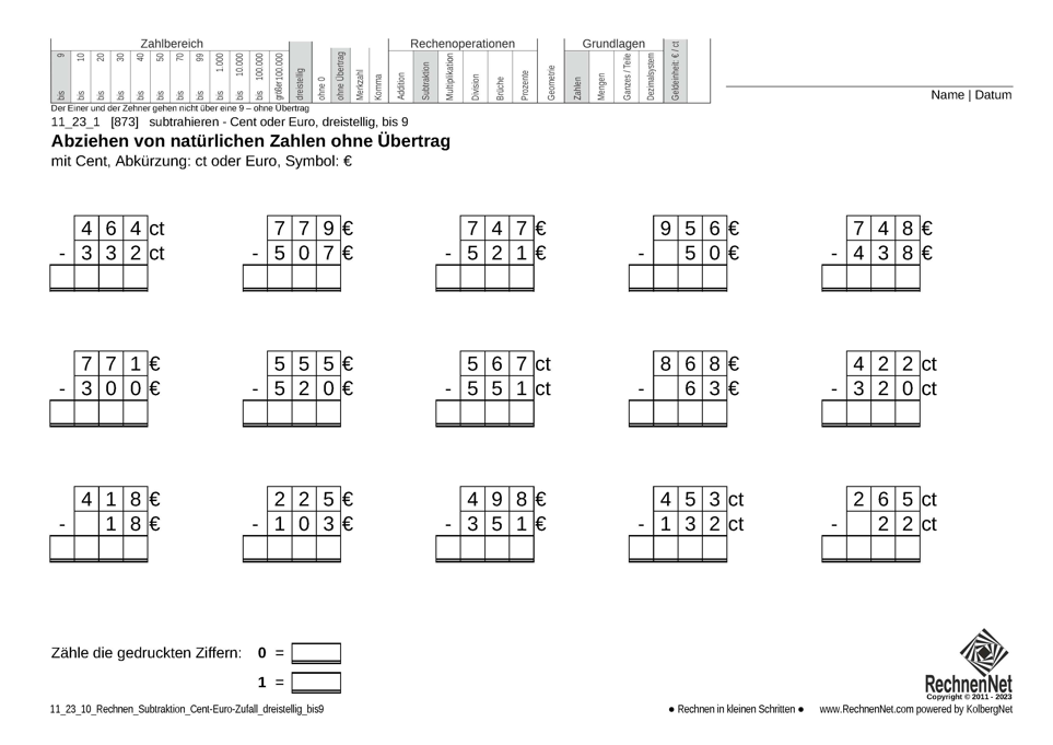 11_23_1 Rechnen Subtraktion Cent-Euro dreistellig bis9 11_23_1 Rechnen Subtraktion Cent-Euro dreistellig bis9