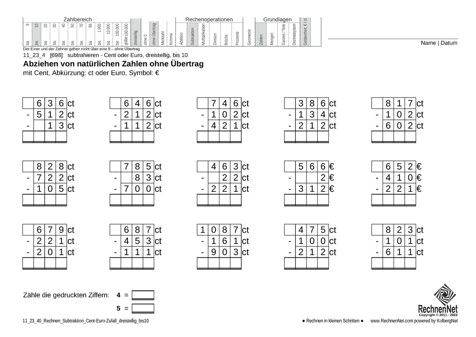 11_23_4 Rechnen Subtraktion Cent-Euro dreistellig bis10 11_23_4 Rechnen Subtraktion Cent-Euro dreistellig bis10