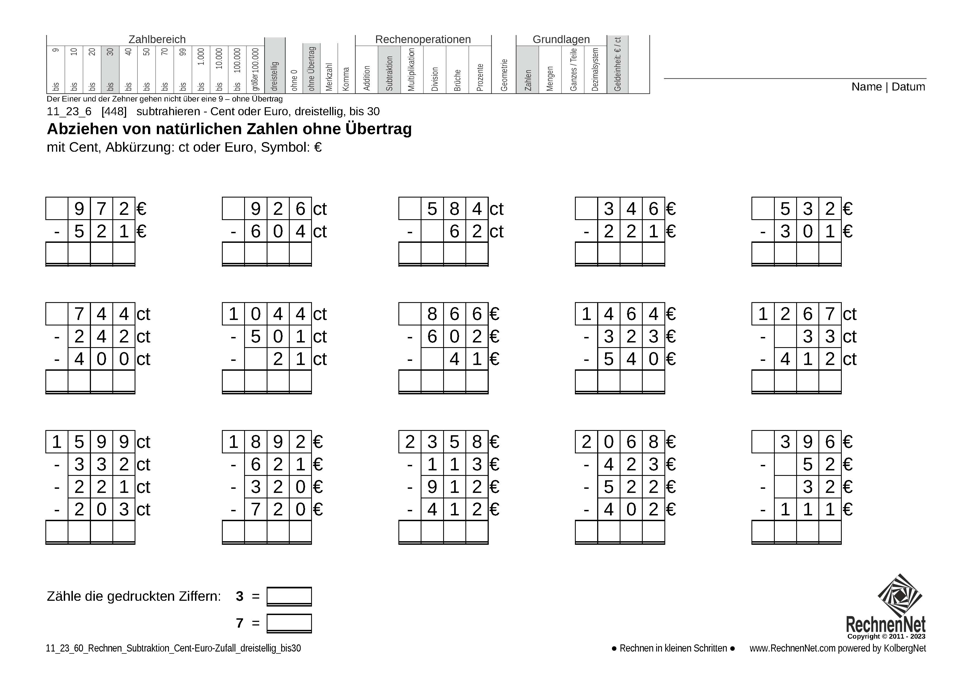 11_23_6 Rechnen Subtraktion Cent-Euro dreistellig bis30 11_23_6 Rechnen Subtraktion Cent-Euro dreistellig bis30