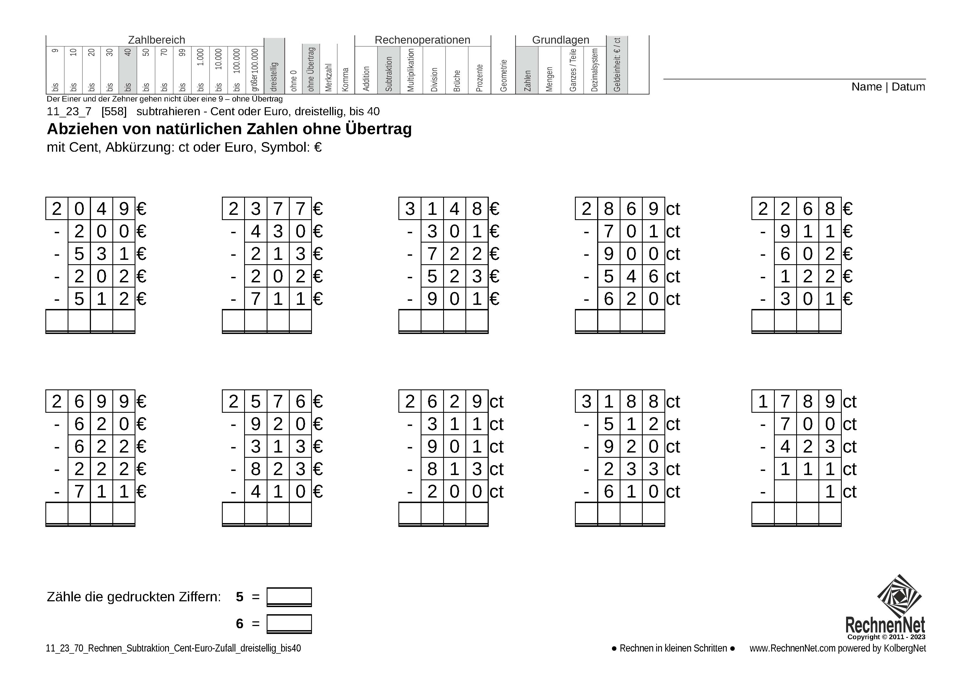 11_23_7 Rechnen Subtraktion Cent-Euro dreistellig bis40 11_23_7 Rechnen Subtraktion Cent-Euro dreistellig bis40