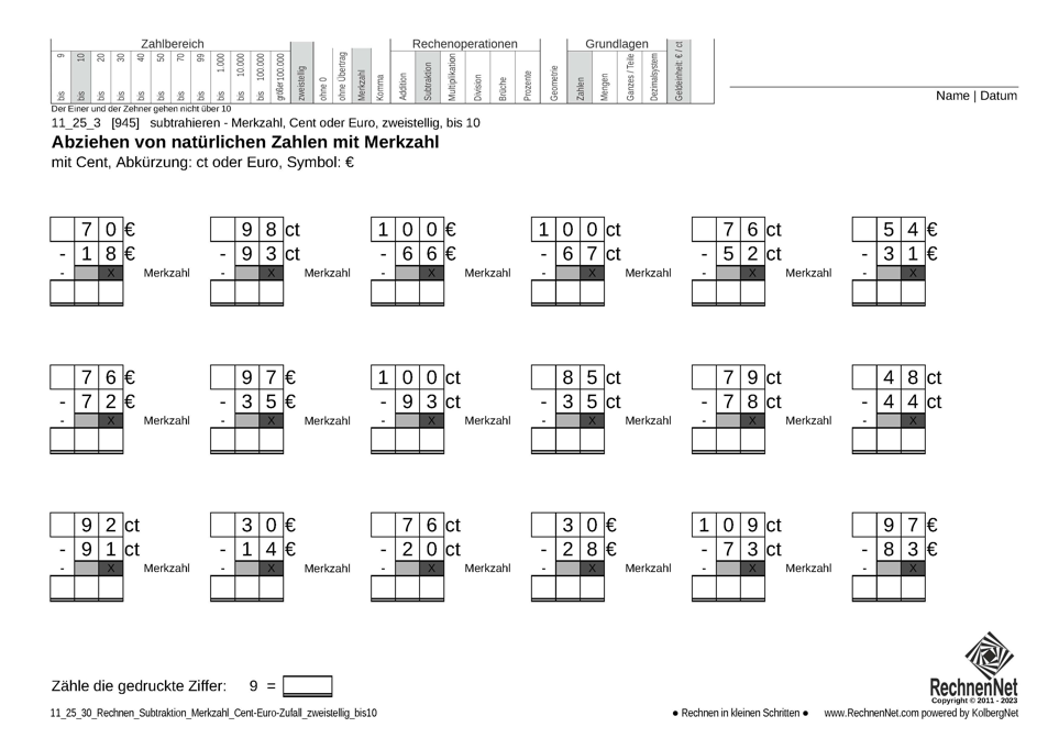 11_25_3 Rechnen Subtraktion Merkzahl Cent-Euro zweistellig bis10