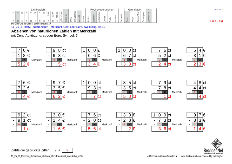 Lösung: 11_25_3 Rechnen Subtraktion Merkzahl Cent-Euro zweistellig bis10