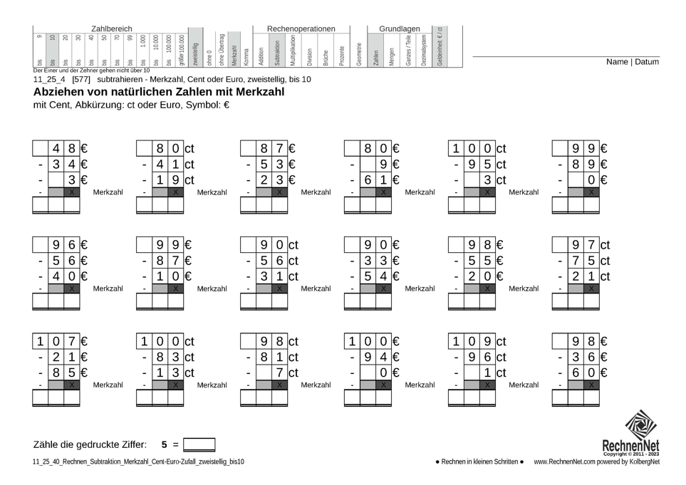 11_25_4 Rechnen Subtraktion Merkzahl Cent-Euro zweistellig bis20 11_25_4 Rechnen Subtraktion Merkzahl Cent-Euro zweistellig bis20