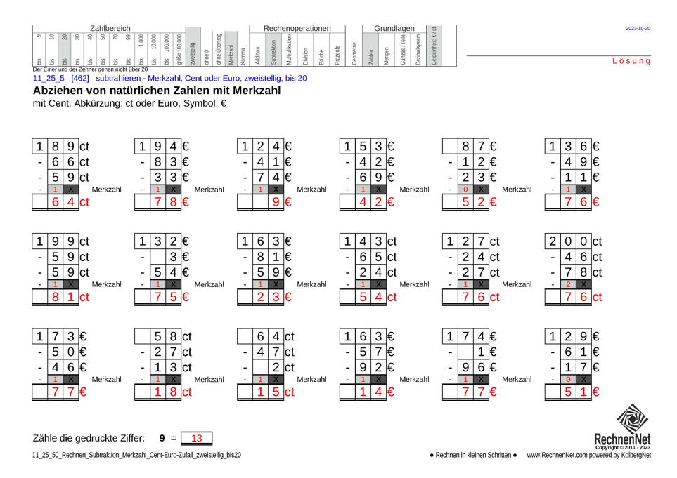 Lösung: 11_25_5 Rechnen Subtraktion Merkzahl Cent-Euro zweistellig bis20 Lösung: 11_25_5 Rechnen Subtraktion Merkzahl Cent-Euro zweistellig bis20