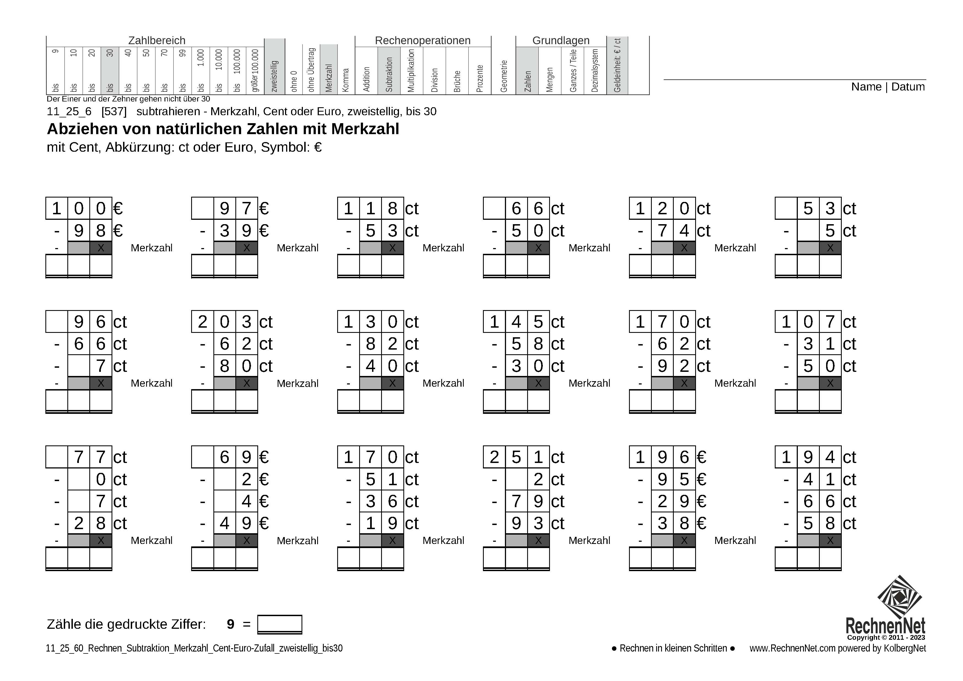 11_25_6 Rechnen Subtraktion Merkzahl Cent-Euro zweistellig bis30 11_25_6 Rechnen Subtraktion Merkzahl Cent-Euro zweistellig bis30