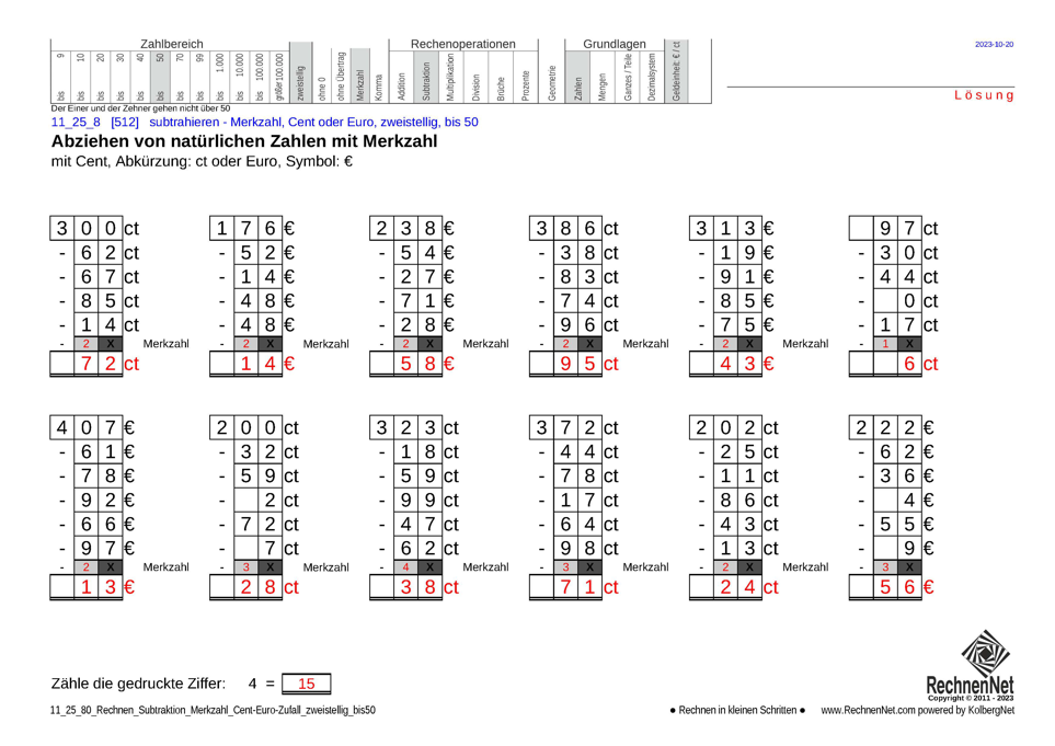 Lösung: 11_25_8 Rechnen Subtraktion Merkzahl Cent-Euro zweistellig bis50 Lösung: 11_25_8 Rechnen Subtraktion Merkzahl Cent-Euro zweistellig bis50