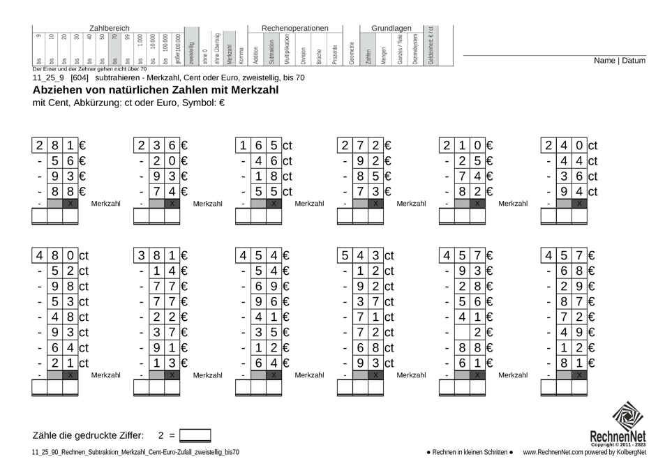 11_25_9 Rechnen Subtraktion Merkzahl Cent-Euro zweistellig bis70 11_25_9 Rechnen Subtraktion Merkzahl Cent-Euro zweistellig bis70